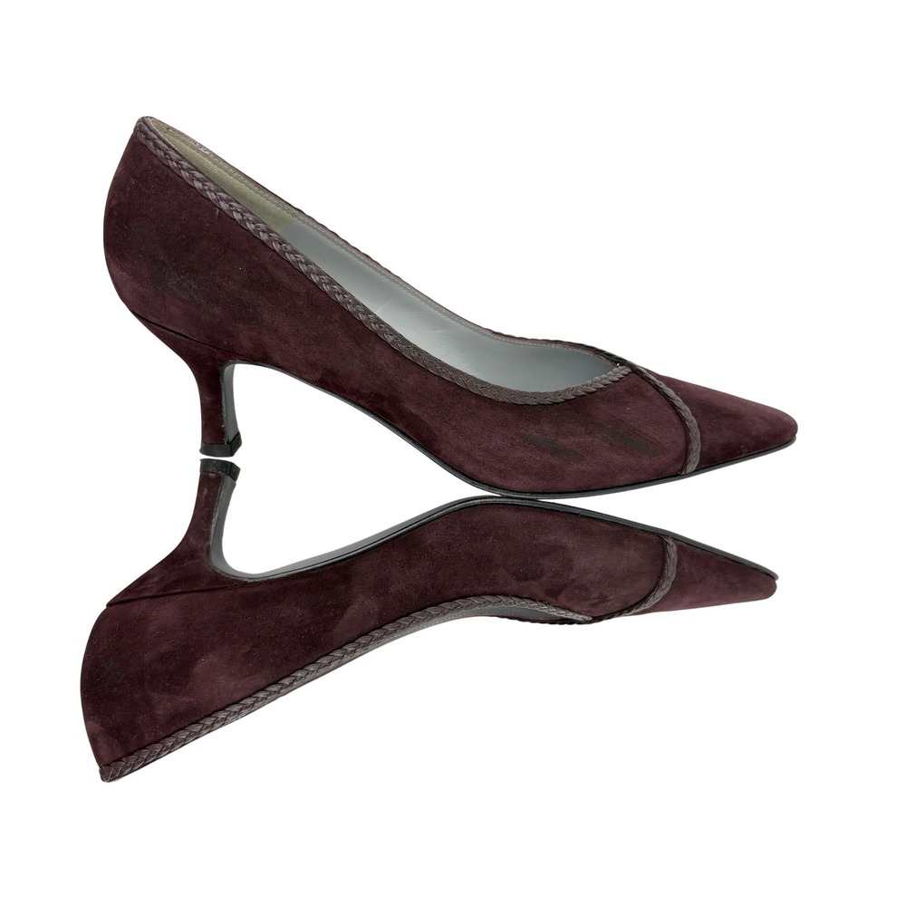 Salvatore Ferragamo Brown Suede Court Shoes Size 7B Pointed Toe Leather Piping - Picture 6 of 11